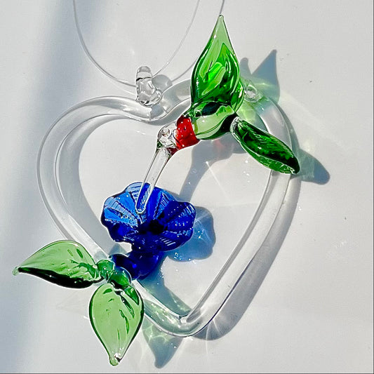 Eternal Love Hummingbird Glass Blown Heart Ornament - GLASSnFIRE