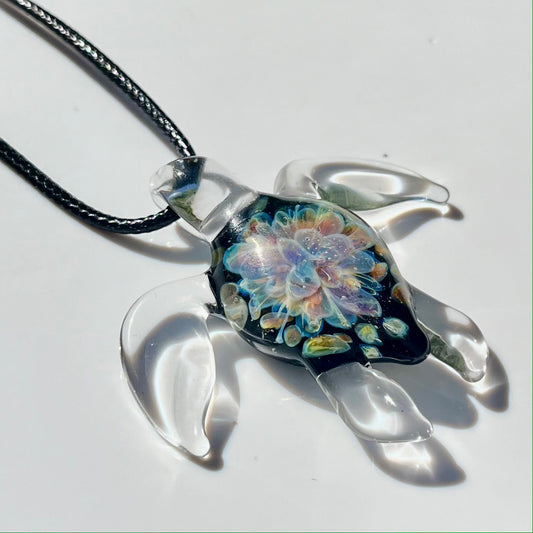 Sea Turtle Necklace Pendant with Purple Floral Shell Design Beach Party or Divers Gift Idea