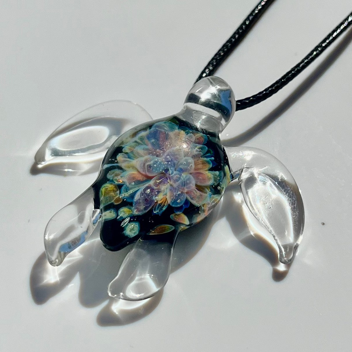 Sea Turtle Necklace Pendant with Purple Floral Shell Design Beach Party or Divers Gift Idea