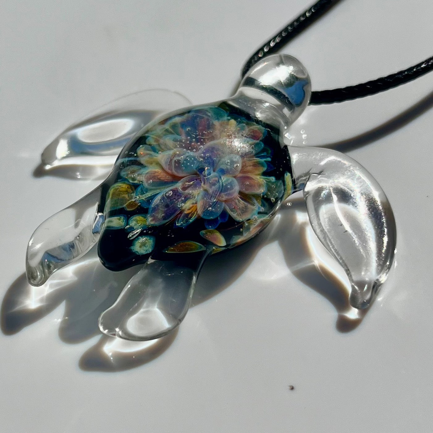 Sea Turtle Necklace Pendant with Purple Floral Shell Design Beach Party or Divers Gift Idea