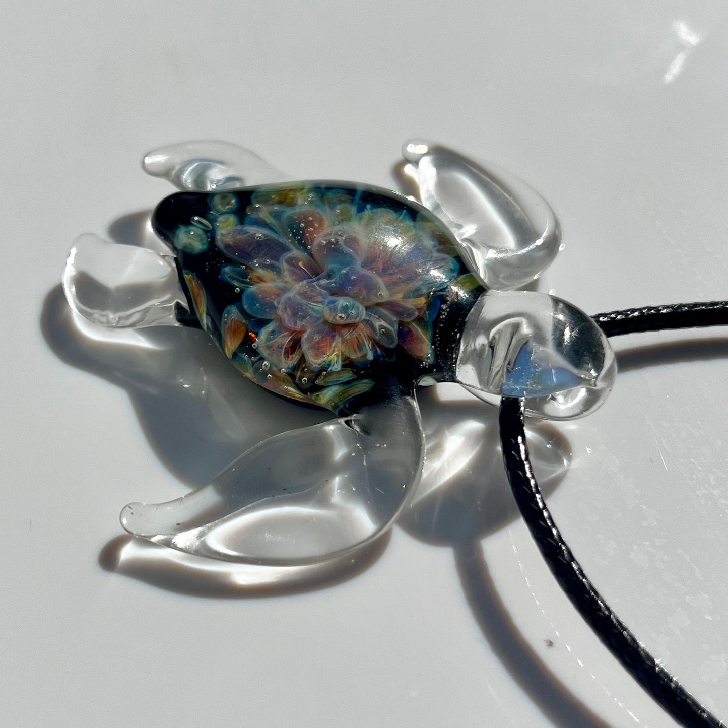 Sea Turtle Necklace Pendant with Purple Floral Shell Design Beach Party or Divers Gift Idea