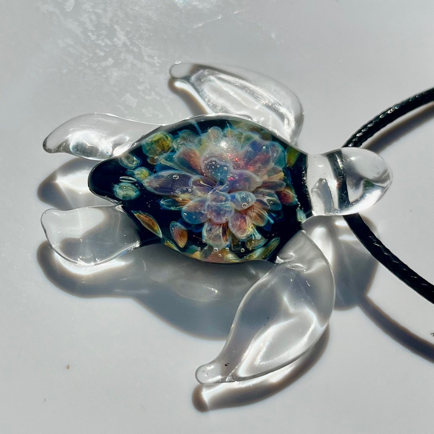 Sea Turtle Necklace Pendant with Purple Floral Shell Design Beach Party or Divers Gift Idea