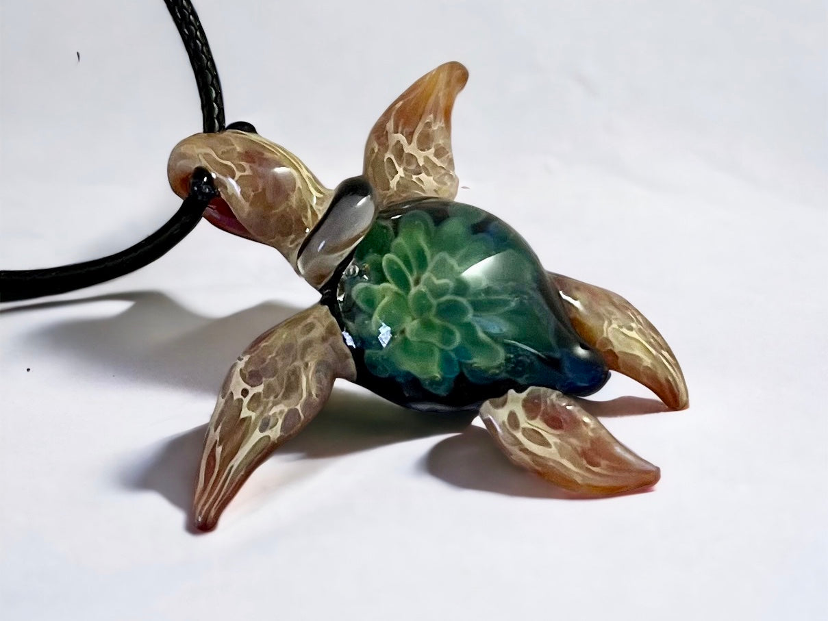 Exquisite Hawaiian Sea Turtle: Handcrafted Glass Pendant with Coral Reef Inside the Shell - GLASSnFIRE