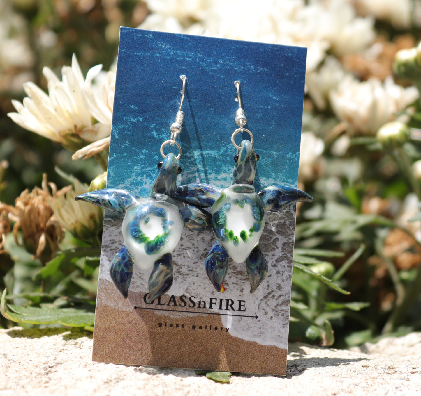 Oceanic Elegance: Handmade Green Island Coral Reef Sea Turtle Glass Earrings - GLASSnFIRE
