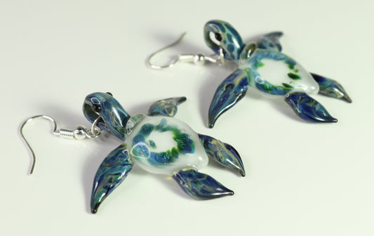 Oceanic Elegance: Handmade Green Island Coral Reef Sea Turtle Glass Earrings - GLASSnFIRE
