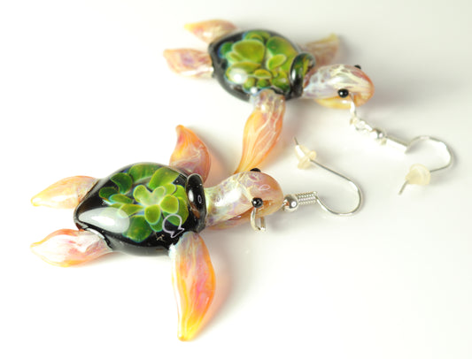 Exquisite Hawaiian Sea Turtle: Handcrafted Glass Earrings with Coral Reef Inside the Shell - GLASSnFIRE
