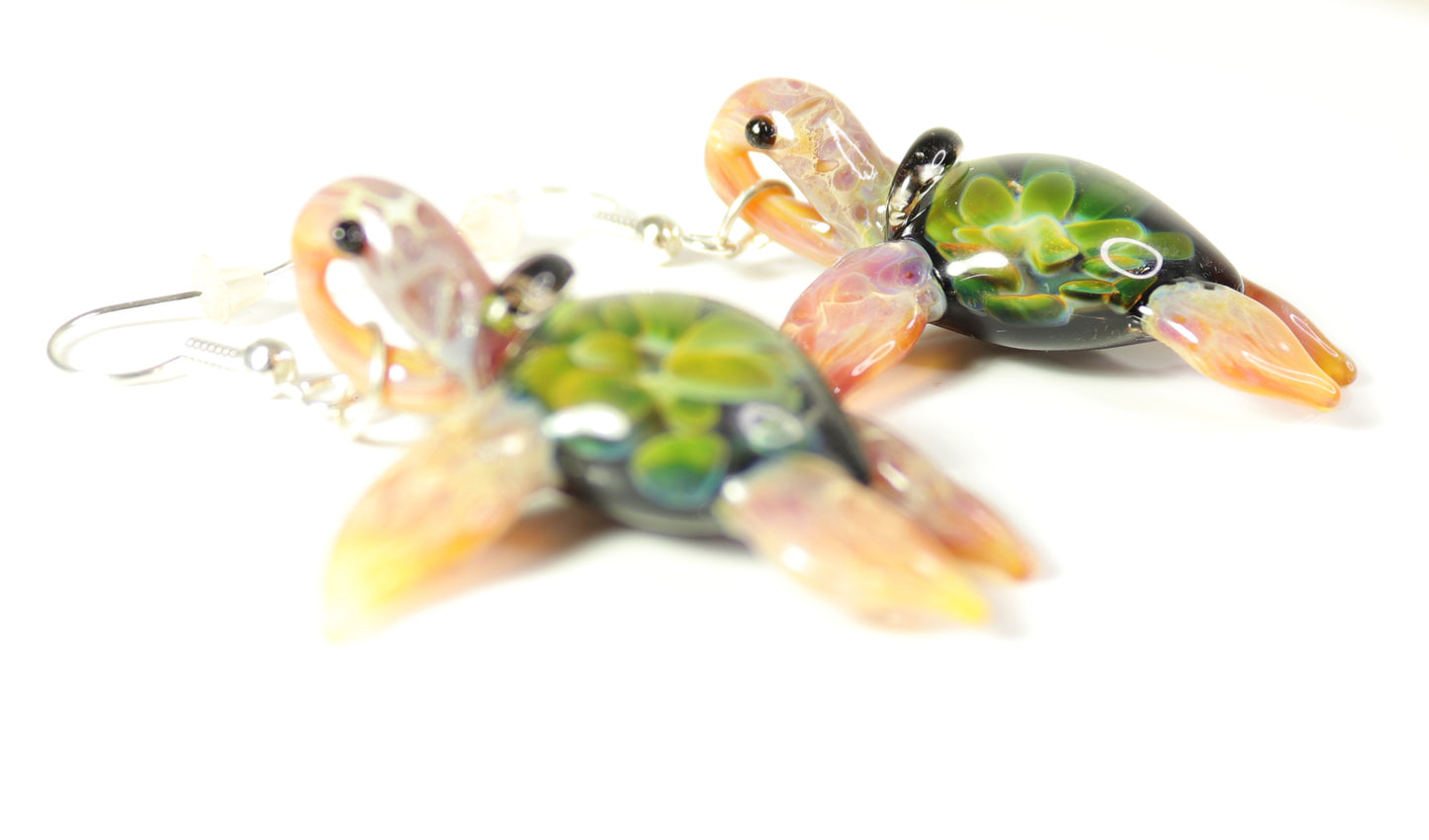 Exquisite Hawaiian Sea Turtle: Handcrafted Glass Earrings with Coral Reef Inside the Shell - GLASSnFIRE