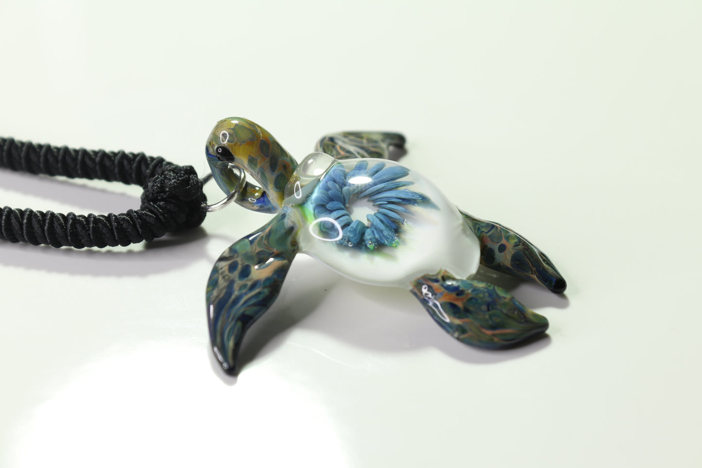 "Great Barrier Reef Honu Green Sea Turtle Pendant: Handcrafted Glass with Coral Reef Inside the Shell" - GLASSnFIRE