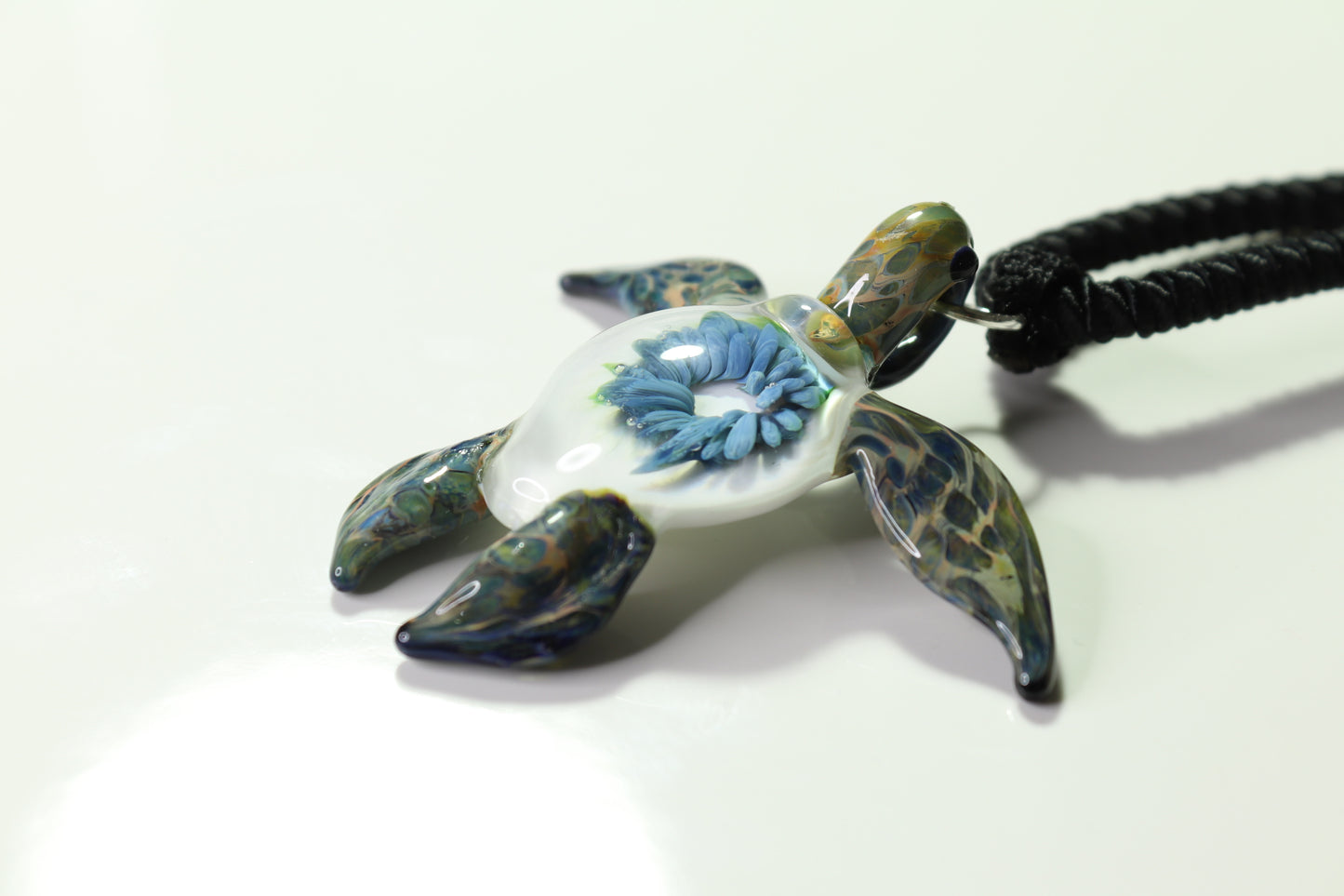 "Great Barrier Reef Honu Green Sea Turtle Pendant: Handcrafted Glass with Coral Reef Inside the Shell" - GLASSnFIRE