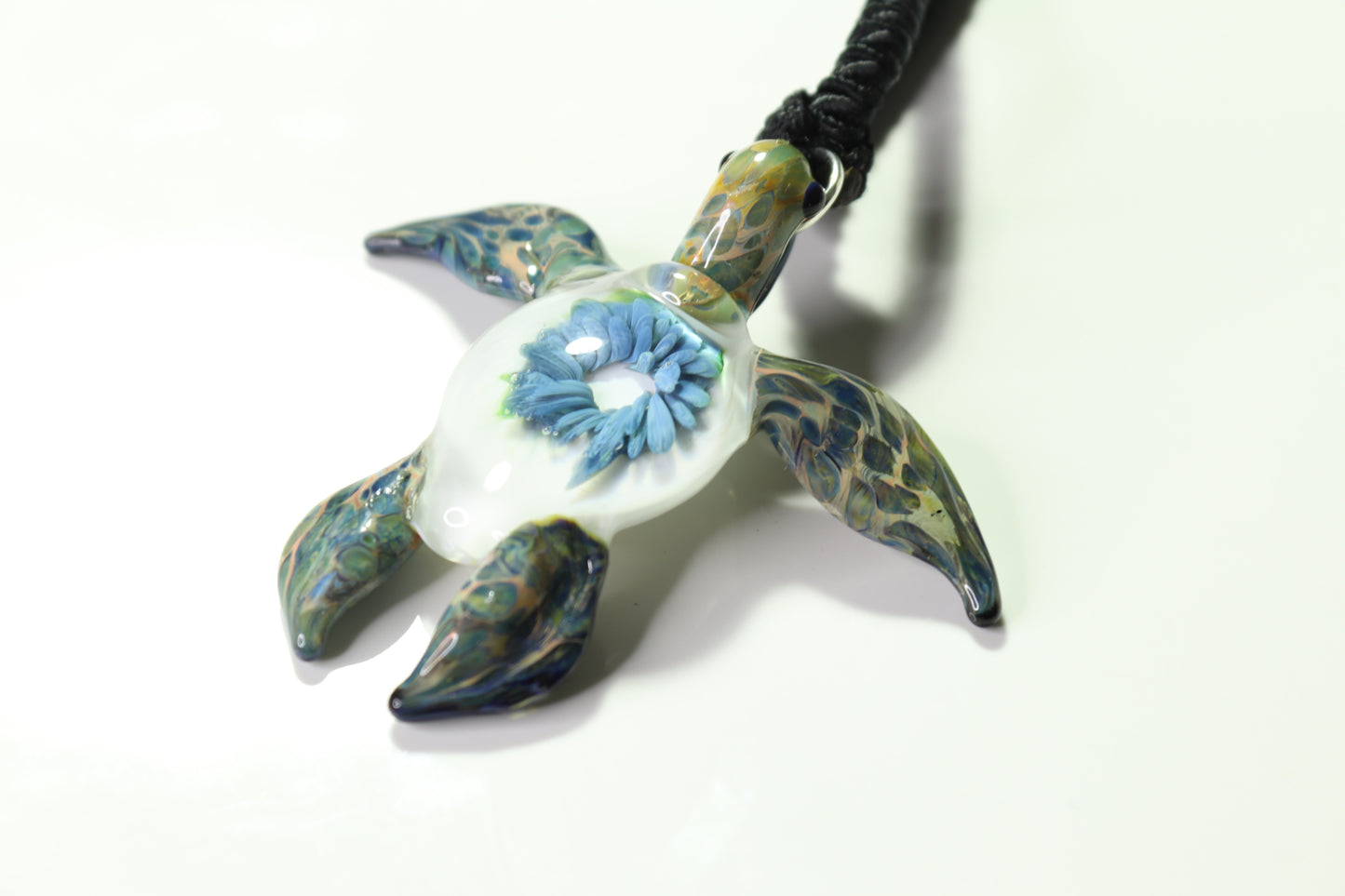 "Great Barrier Reef Honu Green Sea Turtle Pendant: Handcrafted Glass with Coral Reef Inside the Shell" - GLASSnFIRE