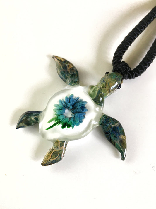 "Great Barrier Reef Honu Green Sea Turtle Pendant: Handcrafted Glass with Coral Reef Inside the Shell" - GLASSnFIRE
