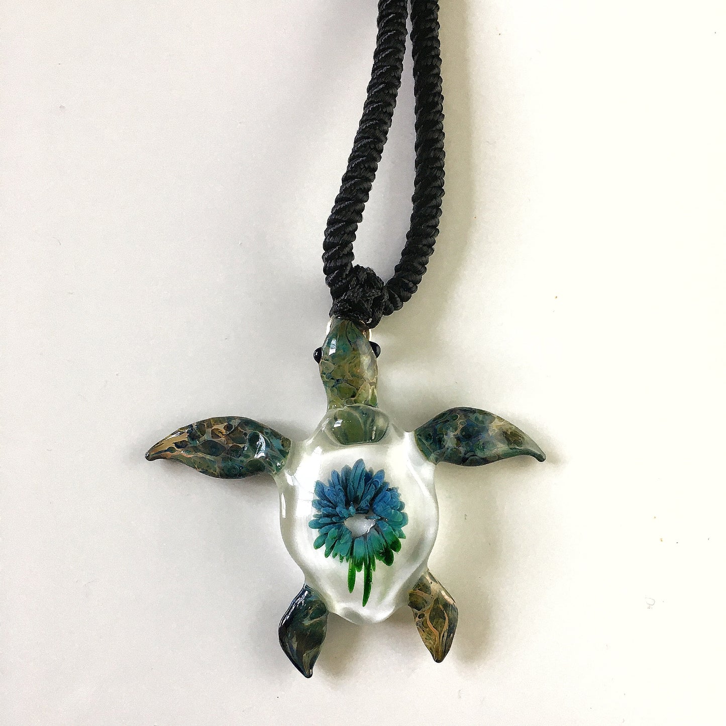 "Great Barrier Reef Honu Green Sea Turtle Pendant: Handcrafted Glass with Coral Reef Inside the Shell" - GLASSnFIRE
