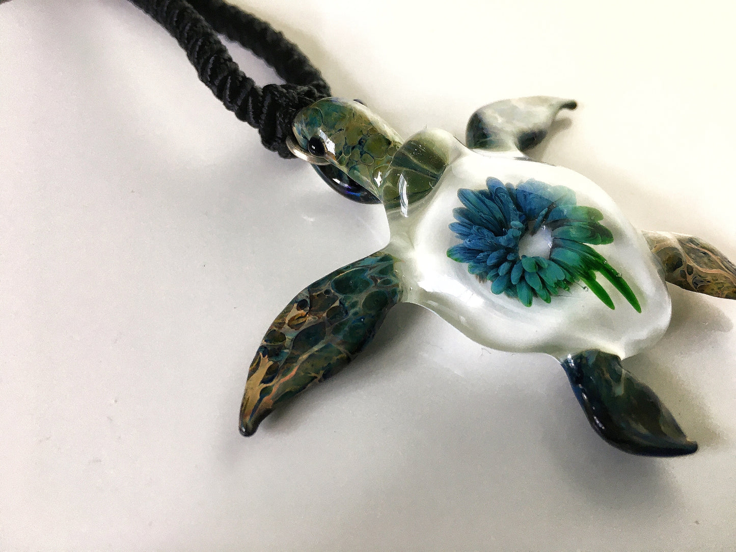 "Great Barrier Reef Honu Green Sea Turtle Pendant: Handcrafted Glass with Coral Reef Inside the Shell" - GLASSnFIRE