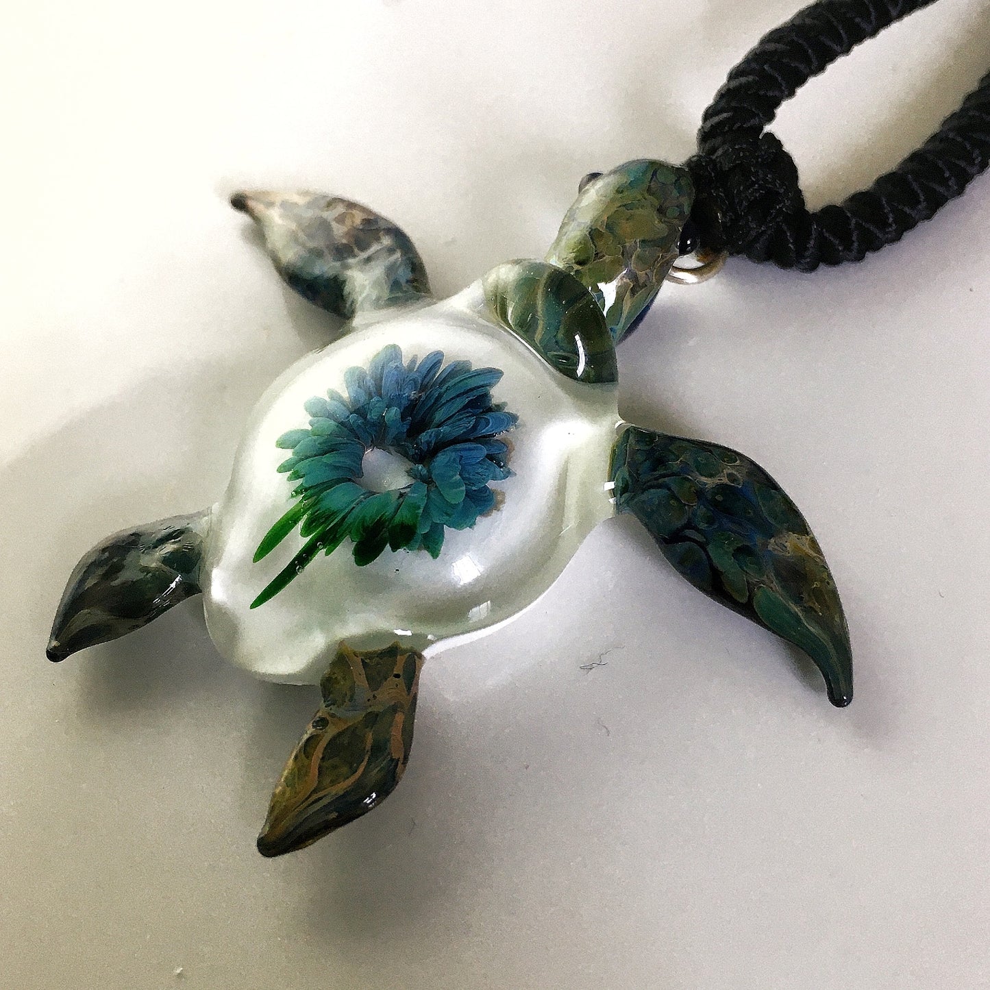 "Great Barrier Reef Honu Green Sea Turtle Pendant: Handcrafted Glass with Coral Reef Inside the Shell" - GLASSnFIRE