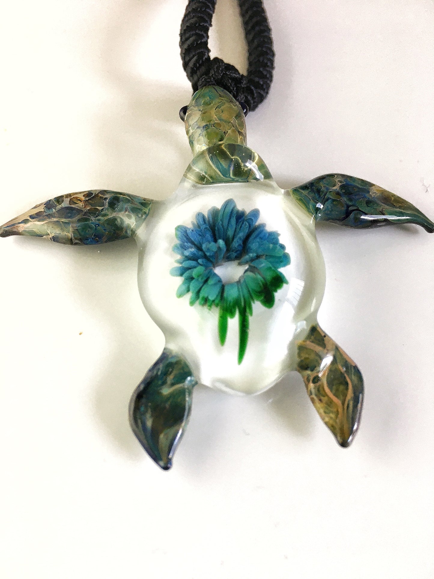"Great Barrier Reef Honu Green Sea Turtle Pendant: Handcrafted Glass with Coral Reef Inside the Shell" - GLASSnFIRE