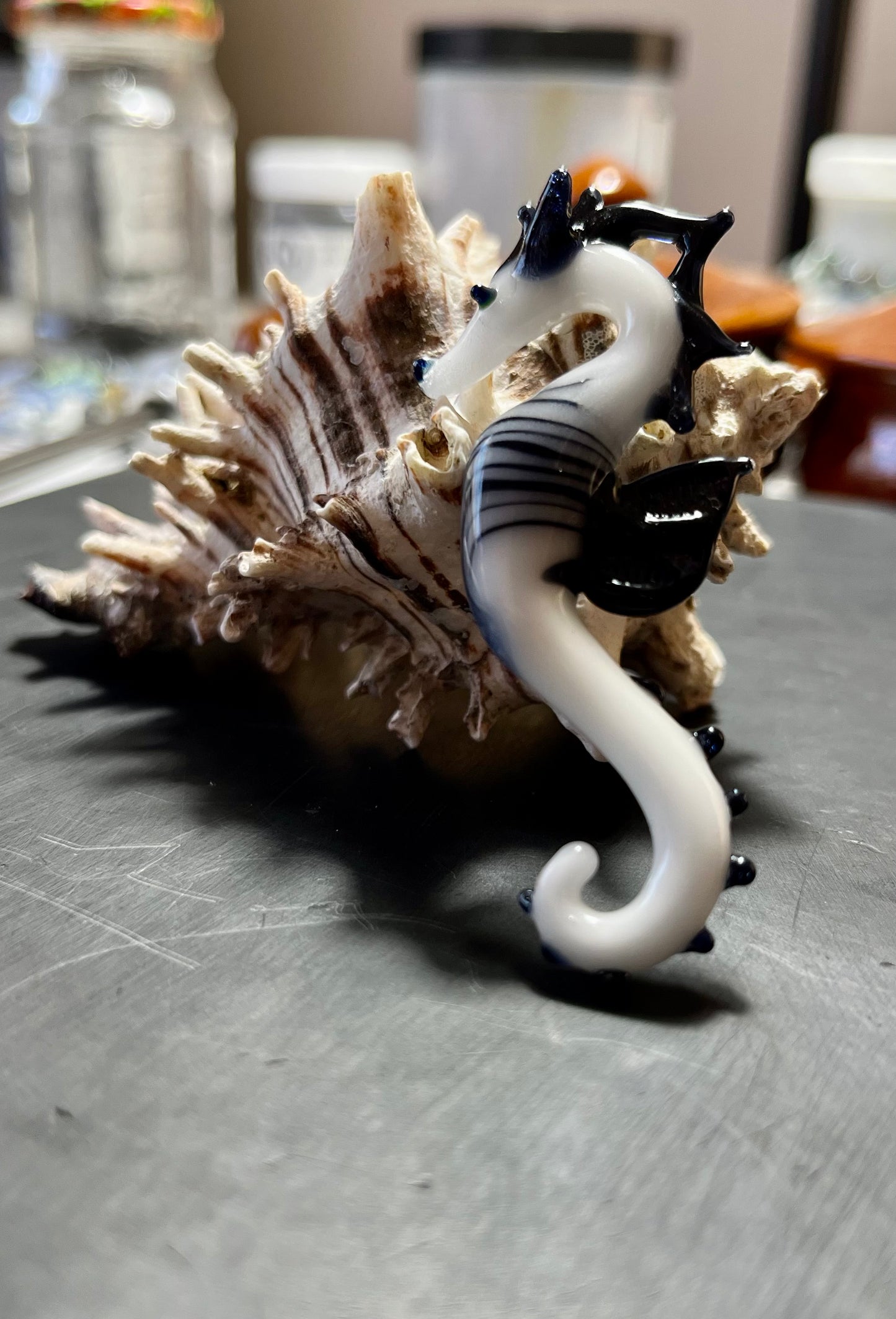 Sea Horse Splendor: Hand-Blown Black and White Glass Pendant - GLASSnFIRE