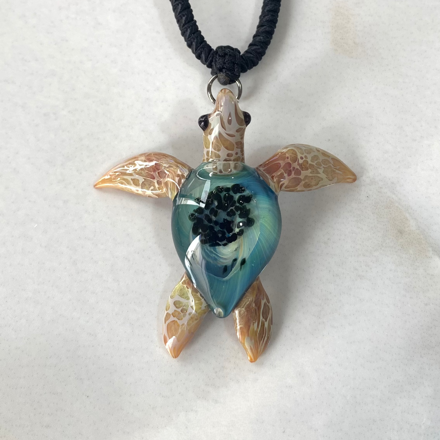 Sea Turtle Necklace Blue with Carmel flippers - GLASSnFIRE