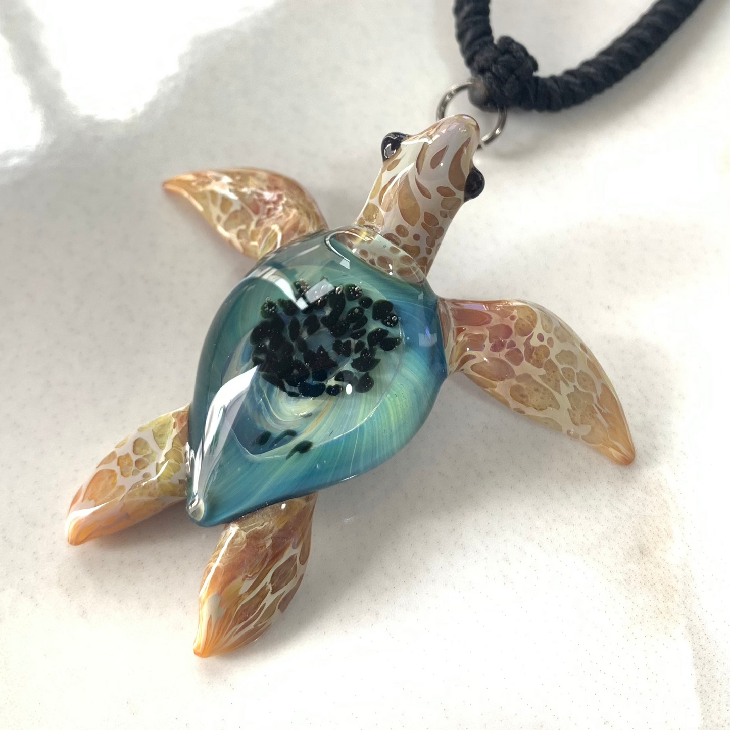 Sea Turtle Necklace Blue with Carmel flippers - GLASSnFIRE