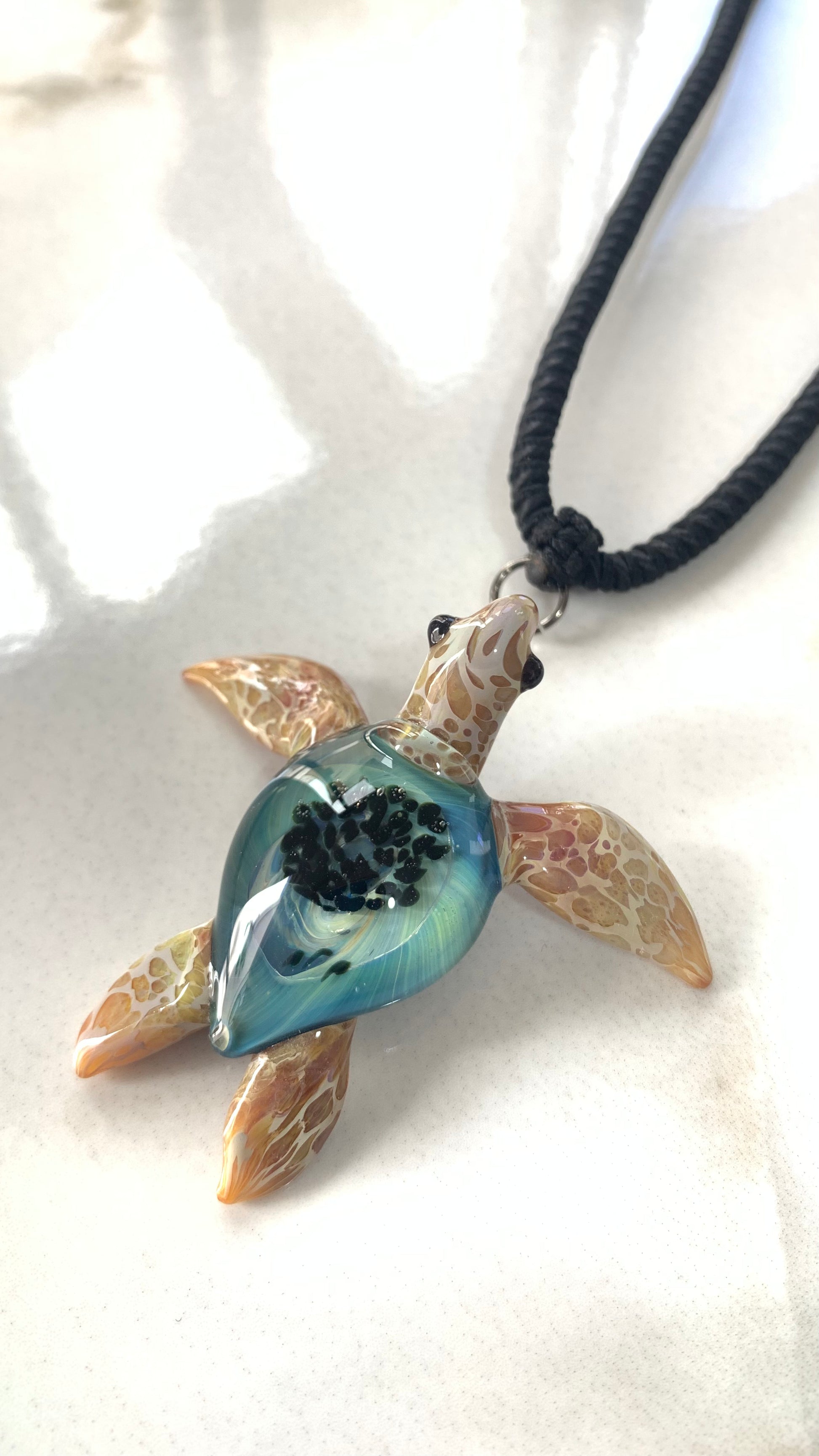 Sea Turtle Necklace Blue with Carmel flippers - GLASSnFIRE