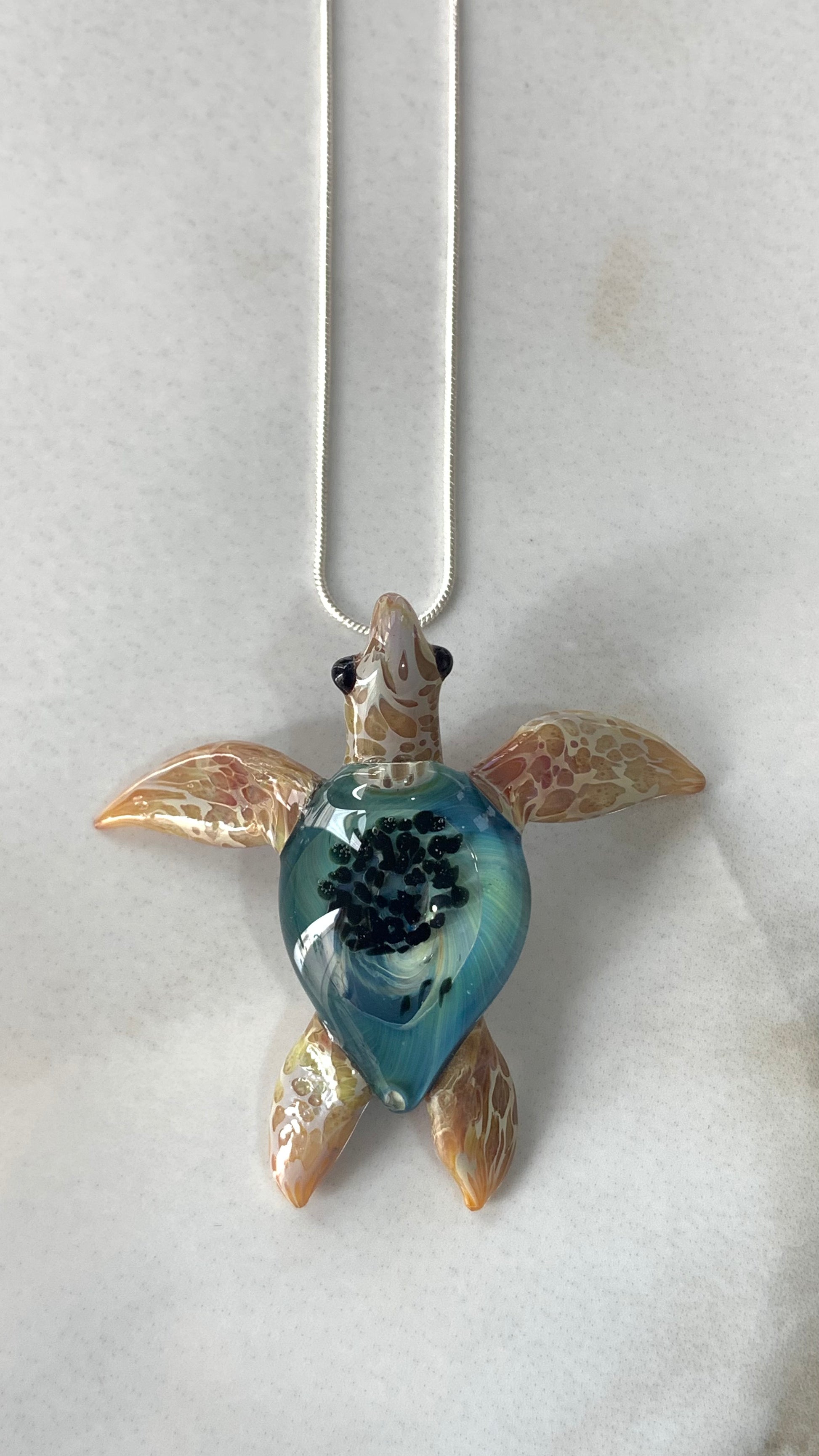 Sea Turtle Necklace Blue with Carmel flippers - GLASSnFIRE