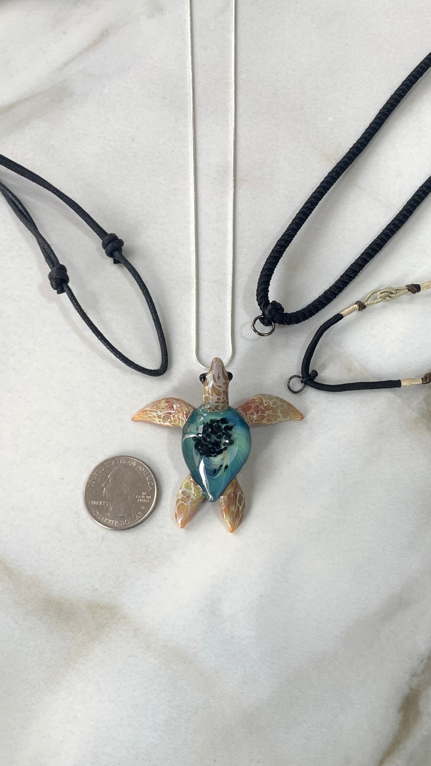 Sea Turtle Necklace Blue with Carmel flippers - GLASSnFIRE