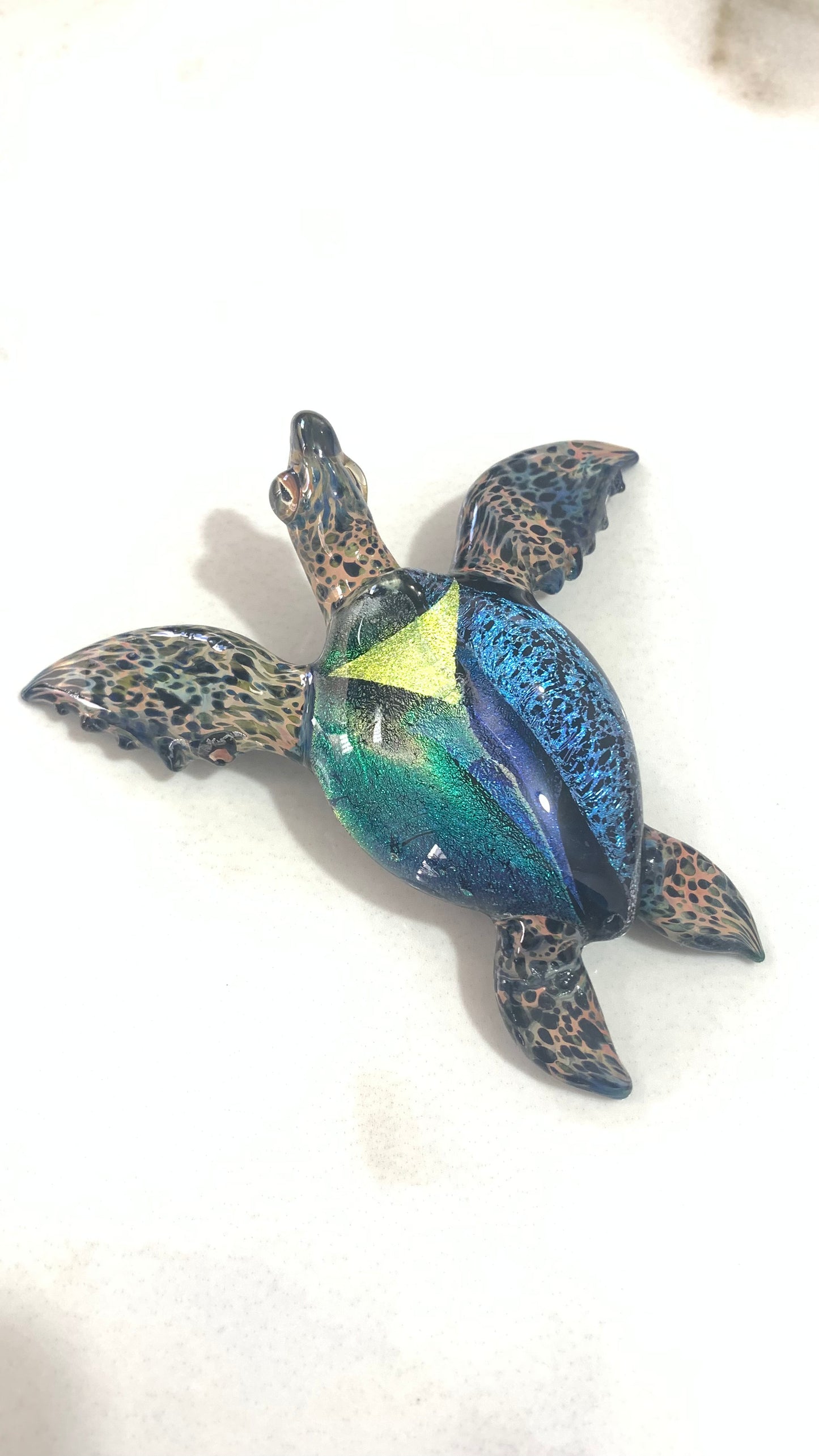 Elegant Handblown Glass Sea Turtle Sculpture with Stunning Dichroic Accents Desk Art Decor for the Office