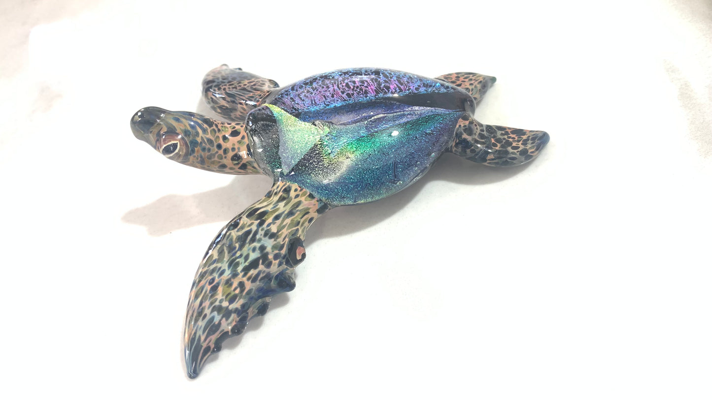 Elegant Handblown Glass Sea Turtle Sculpture with Stunning Dichroic Accents Desk Art Decor for the Office