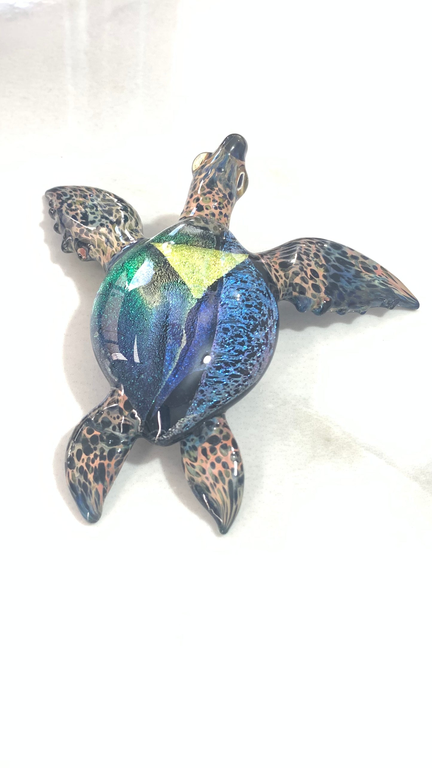 Elegant Handblown Glass Sea Turtle Sculpture with Stunning Dichroic Accents Desk Art Decor for the Office