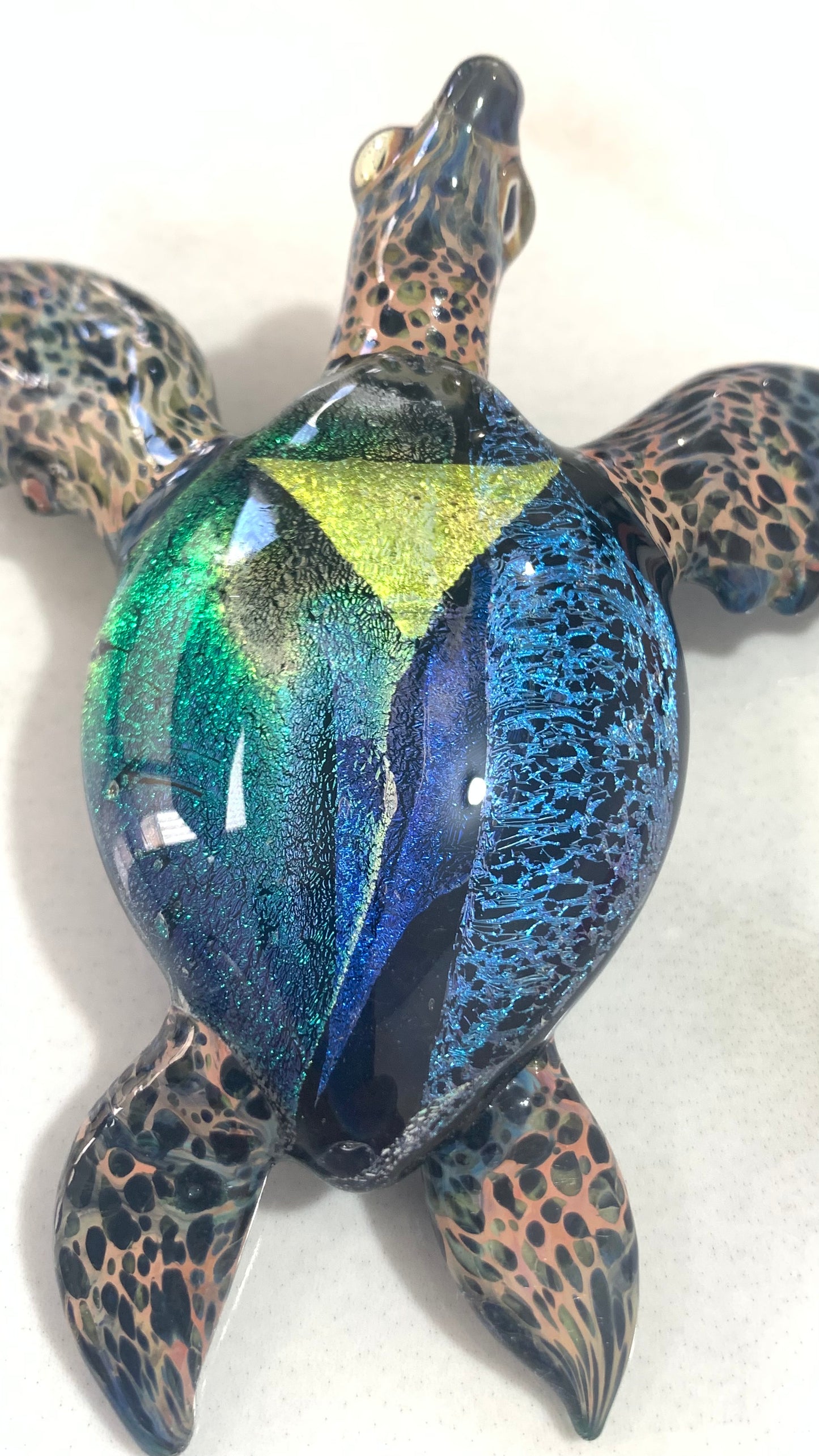 Elegant Handblown Glass Sea Turtle Sculpture with Stunning Dichroic Accents Desk Art Decor for the Office