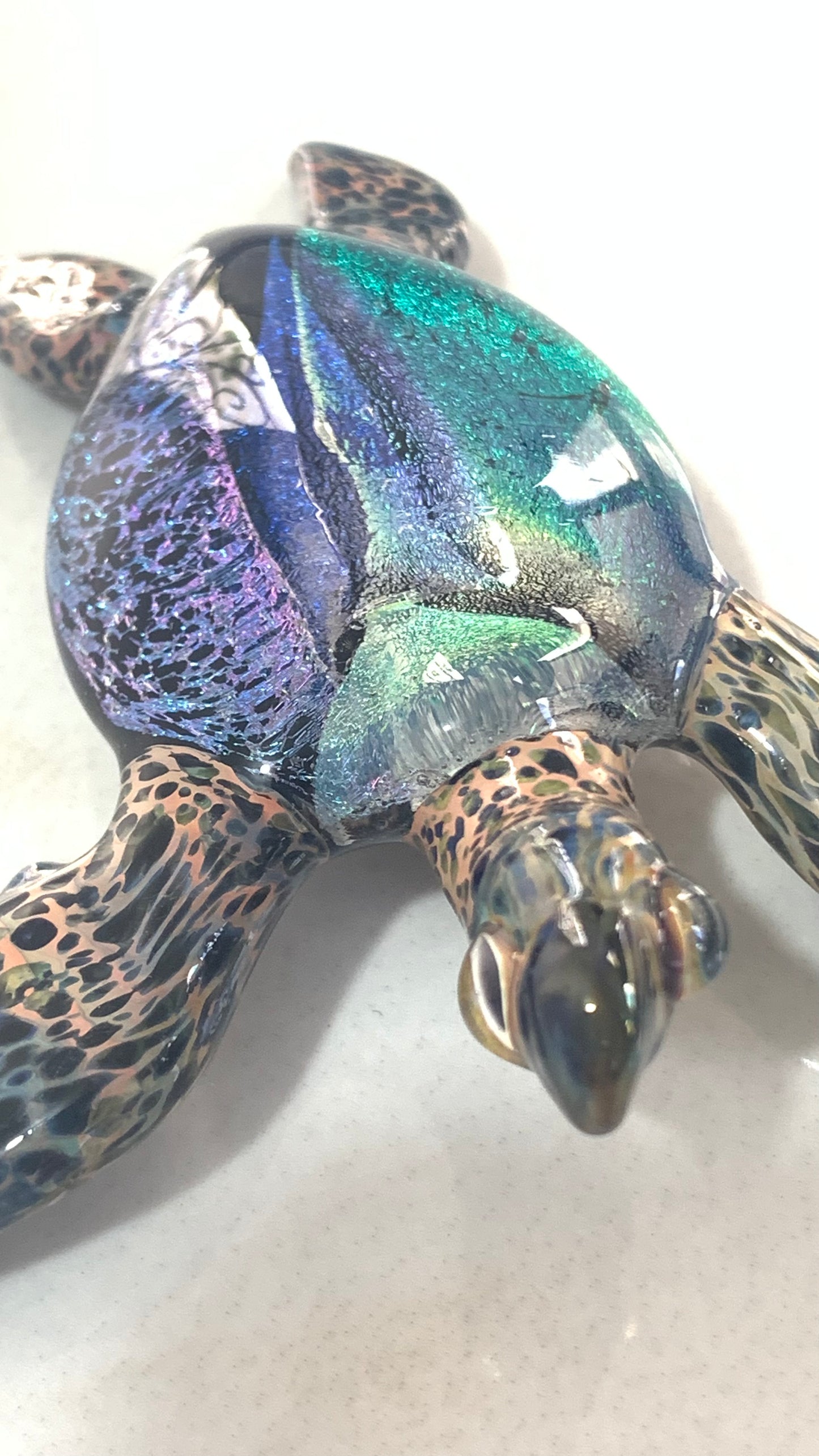 Elegant Handblown Glass Sea Turtle Sculpture with Stunning Dichroic Accents Desk Art Decor for the Office