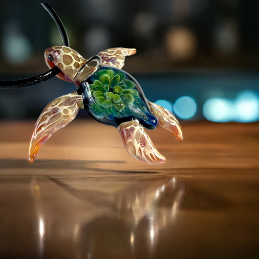 Exquisite Hawaiian Honu Sea Turtle: Handcrafted Glass Pendant with Coral Reef Inside the Shell