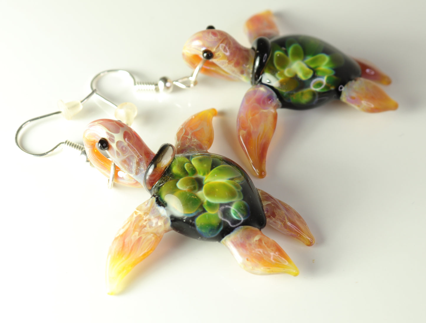 Exquisite Hawaiian Sea Turtle: Handcrafted Glass Earrings with Coral Reef Inside the Shell