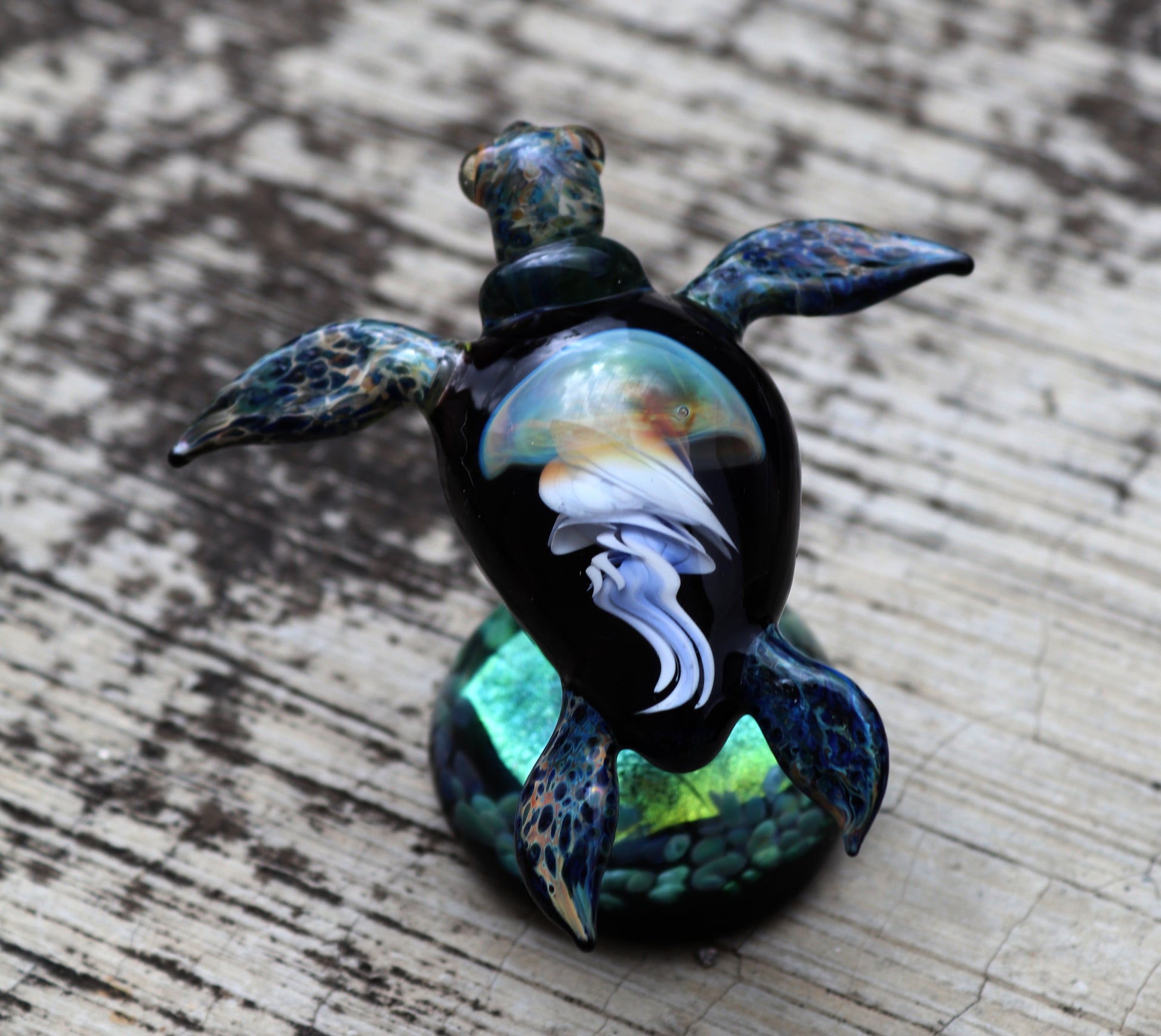 Unique Sea Turtle Sculpture with Opal Colored Jellyfish Inside. - GLASSnFIRE