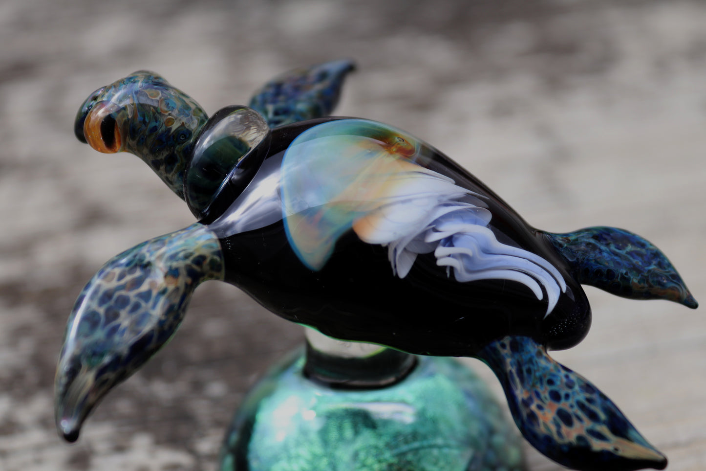 Unique Sea Turtle Sculpture with Opal Colored Jellyfish Inside.