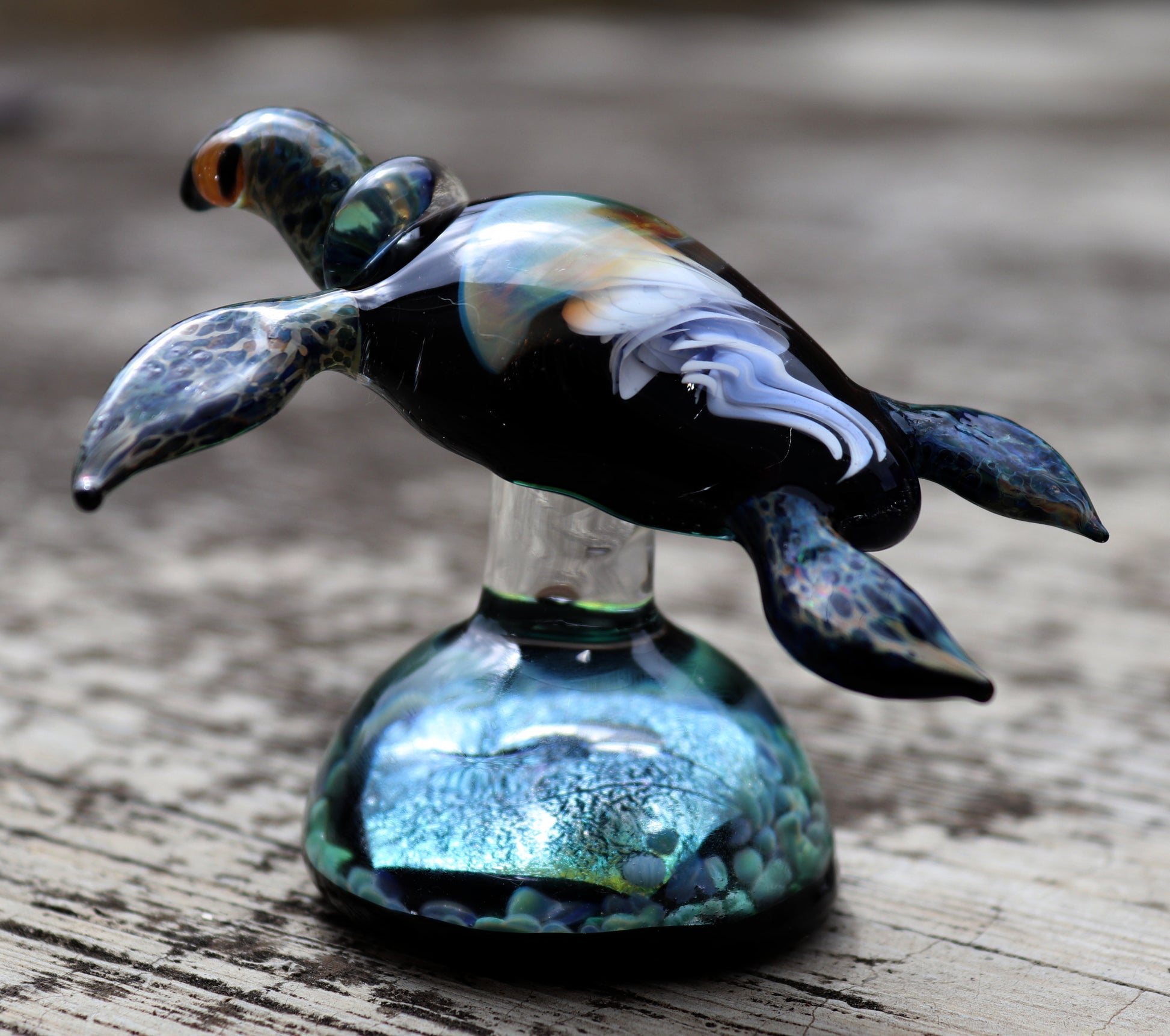 Unique Sea Turtle Sculpture with Opal Colored Jellyfish Inside. - GLASSnFIRE