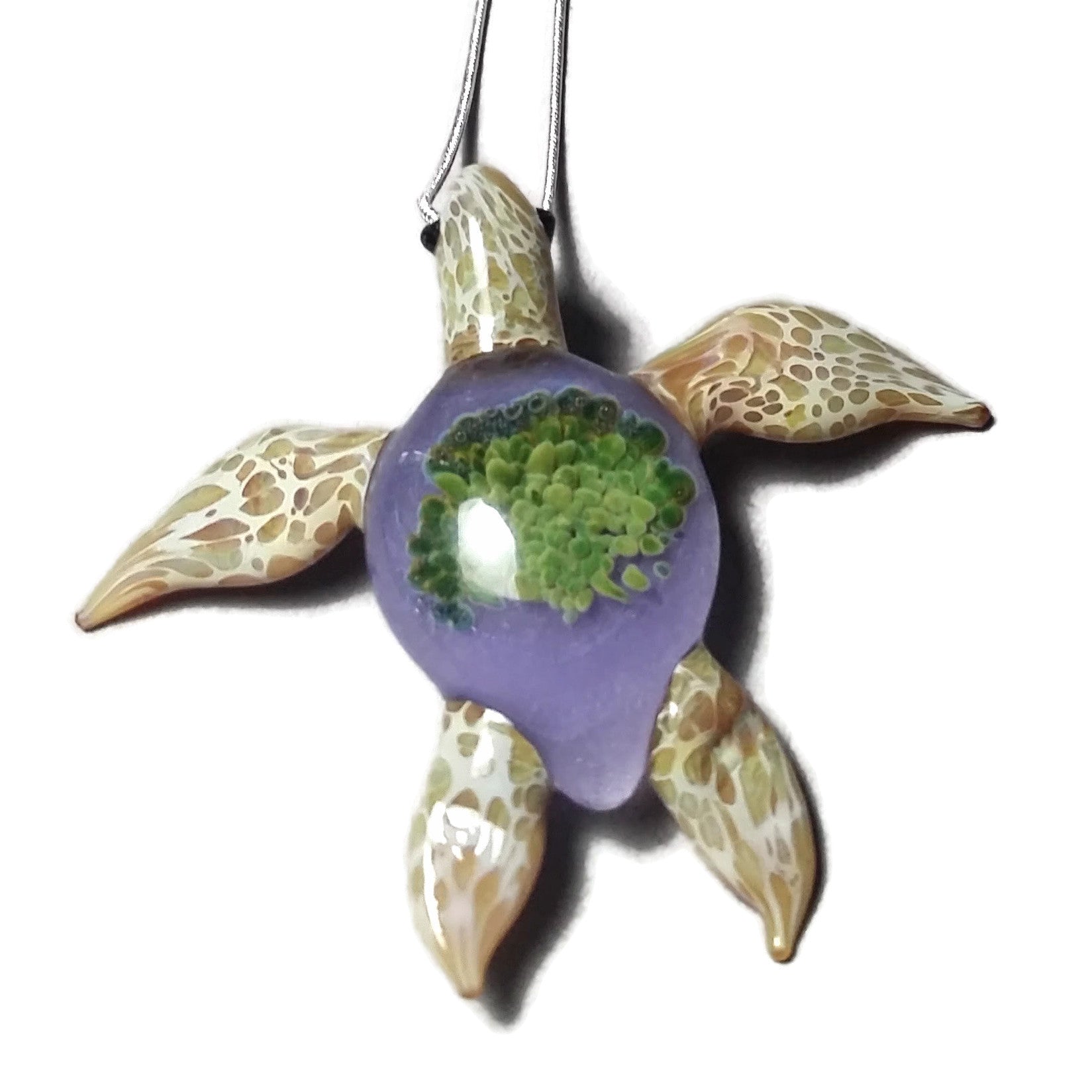 Special edition periwinkle background with green anemones in a beach blonde glass sea turtle pendant - GLASSnFIRE