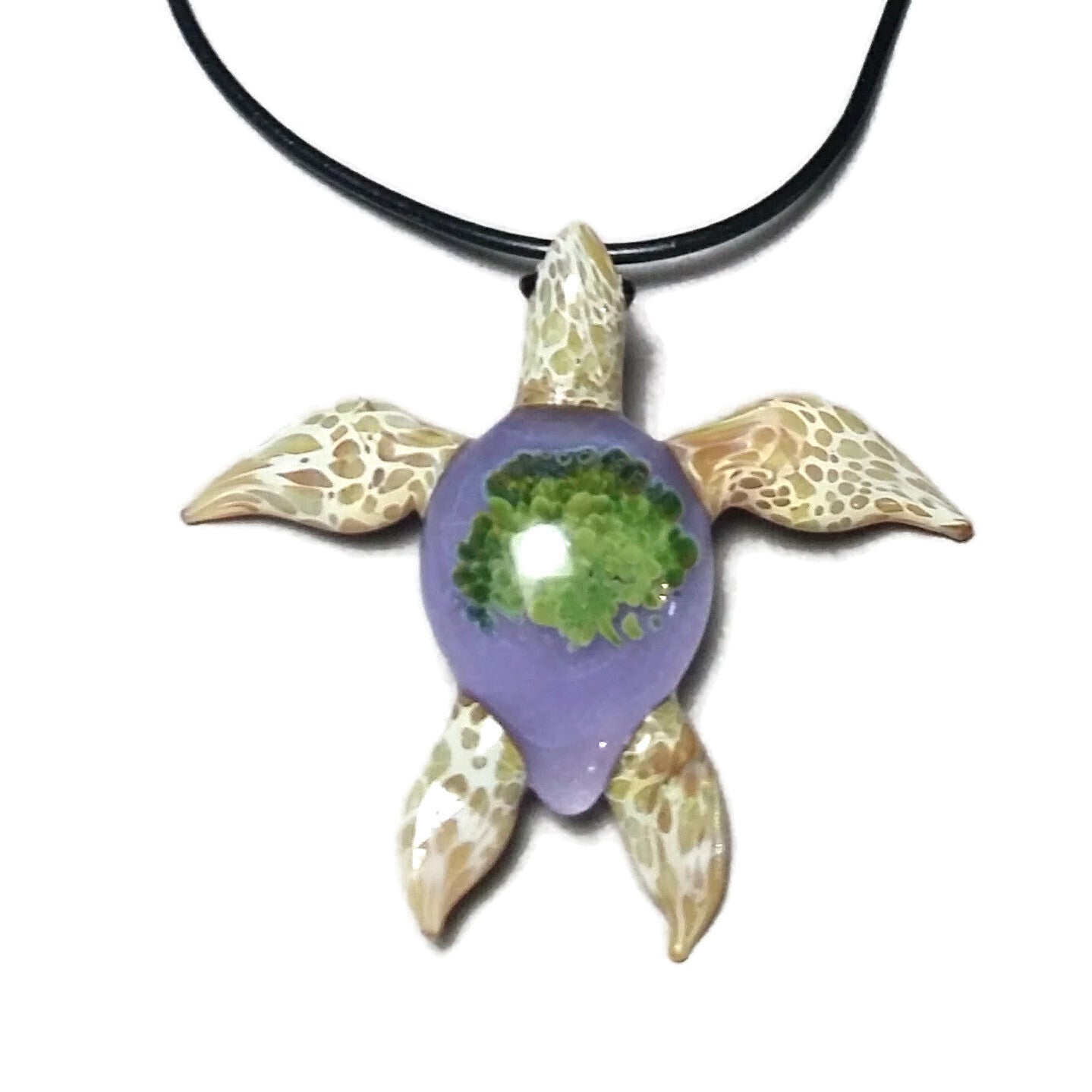 Special edition periwinkle background with green anemones in a beach blonde glass sea turtle pendant - GLASSnFIRE