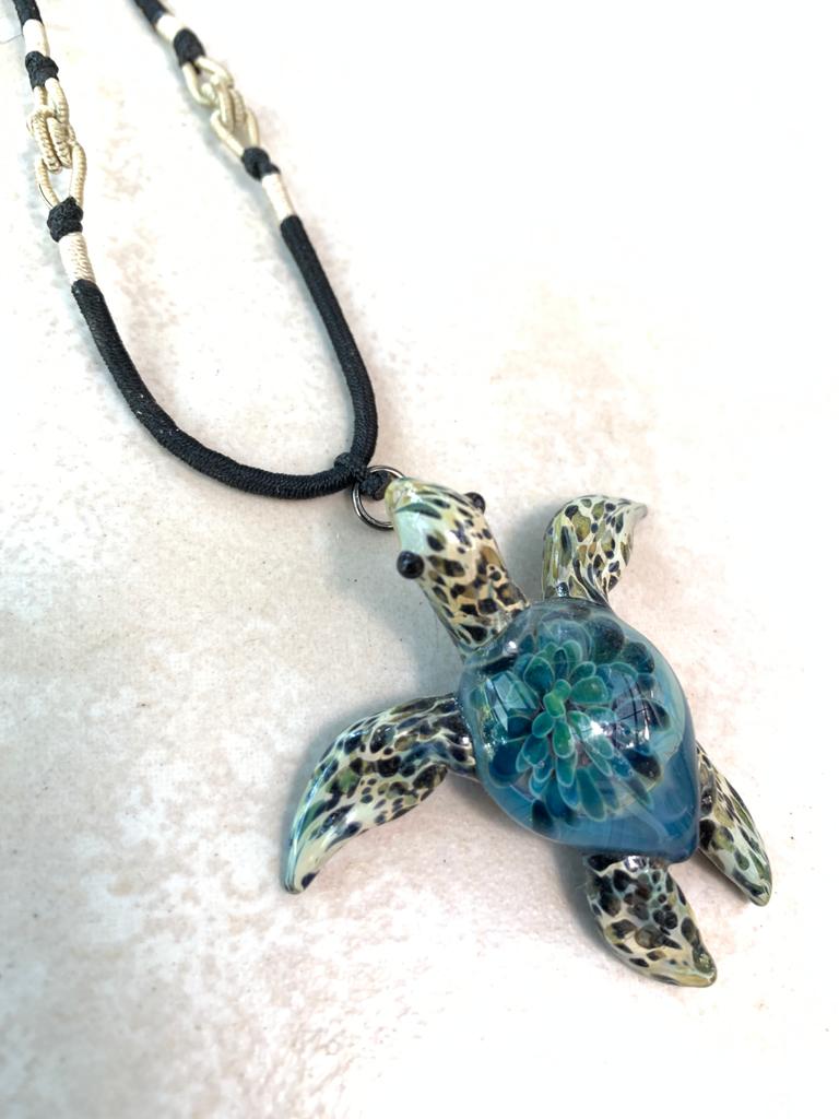 Gorgeous Blue Moon Colored Glass Sea Turtle Pendant Necklace.