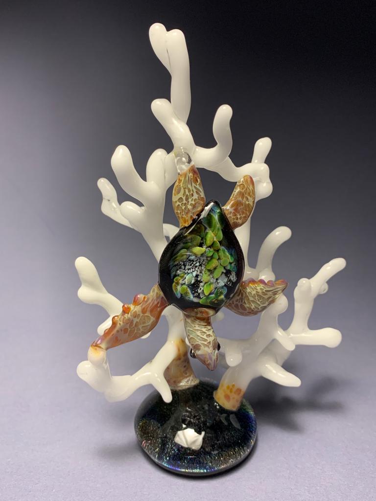 Sea turtle sculpture over white coral- GLASSnFIRE