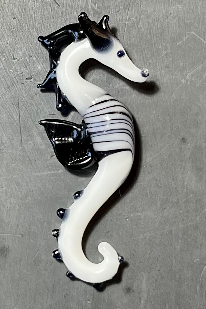 Sea Horse Splendor: Hand-Blown Black and White Glass Pendant