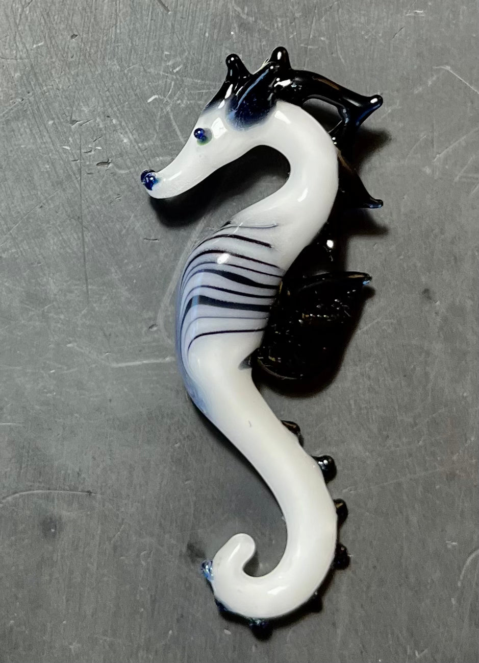 Sea Horse Splendor: Hand-Blown Black and White Glass Pendant