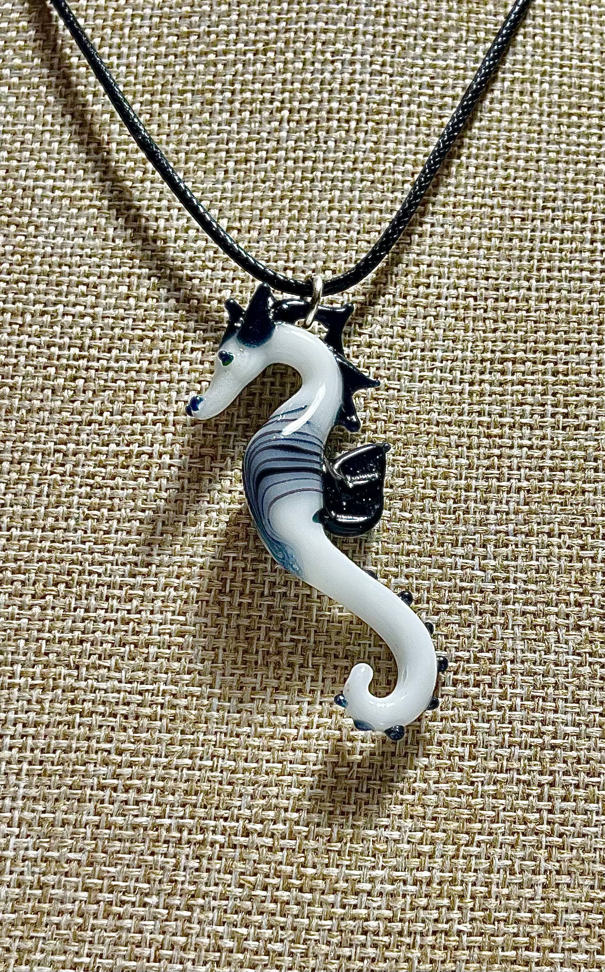 Sea Horse Splendor: Hand-Blown Black and White Glass Pendant - GLASSnFIRE