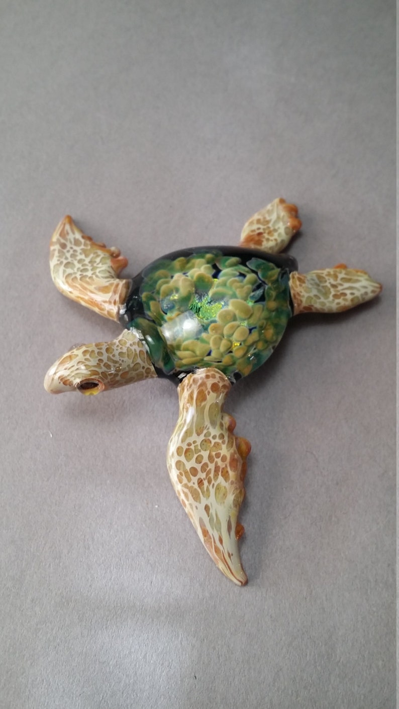 Handmade green and cream glass sea turtle sculpture